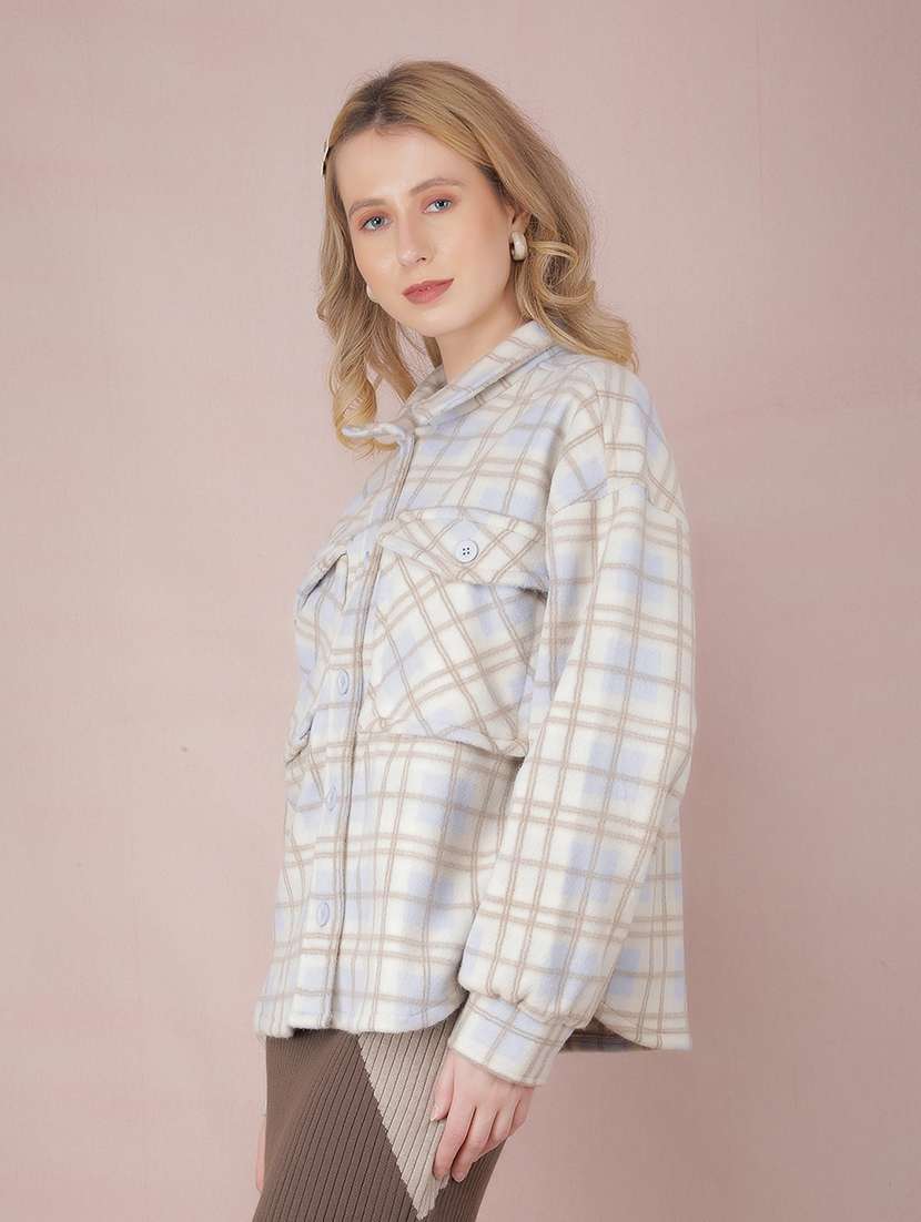 women check printed collared long sleeve shacket - 21517979 - Standard Image - 2