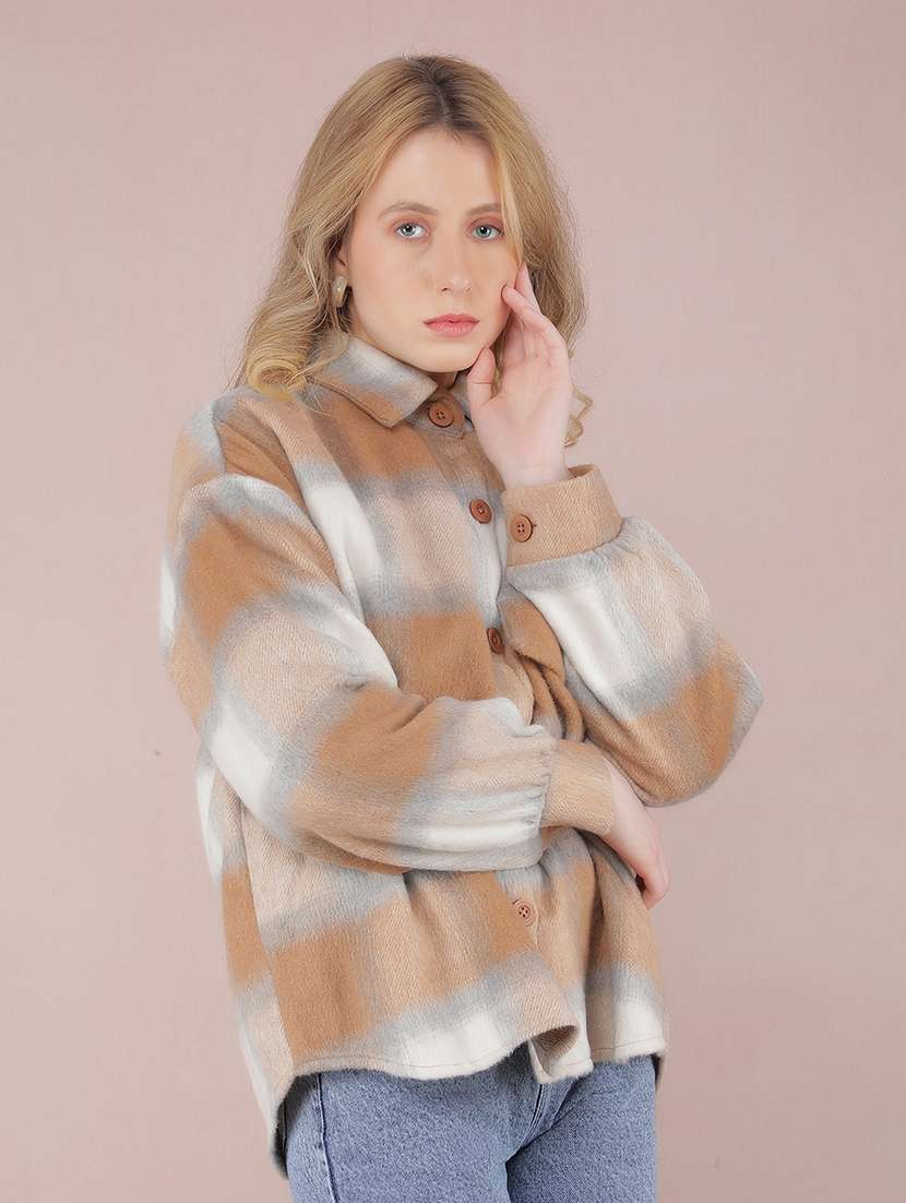 women check printed collared long sleeve shacket - 21517980 -  Standard Image - 2