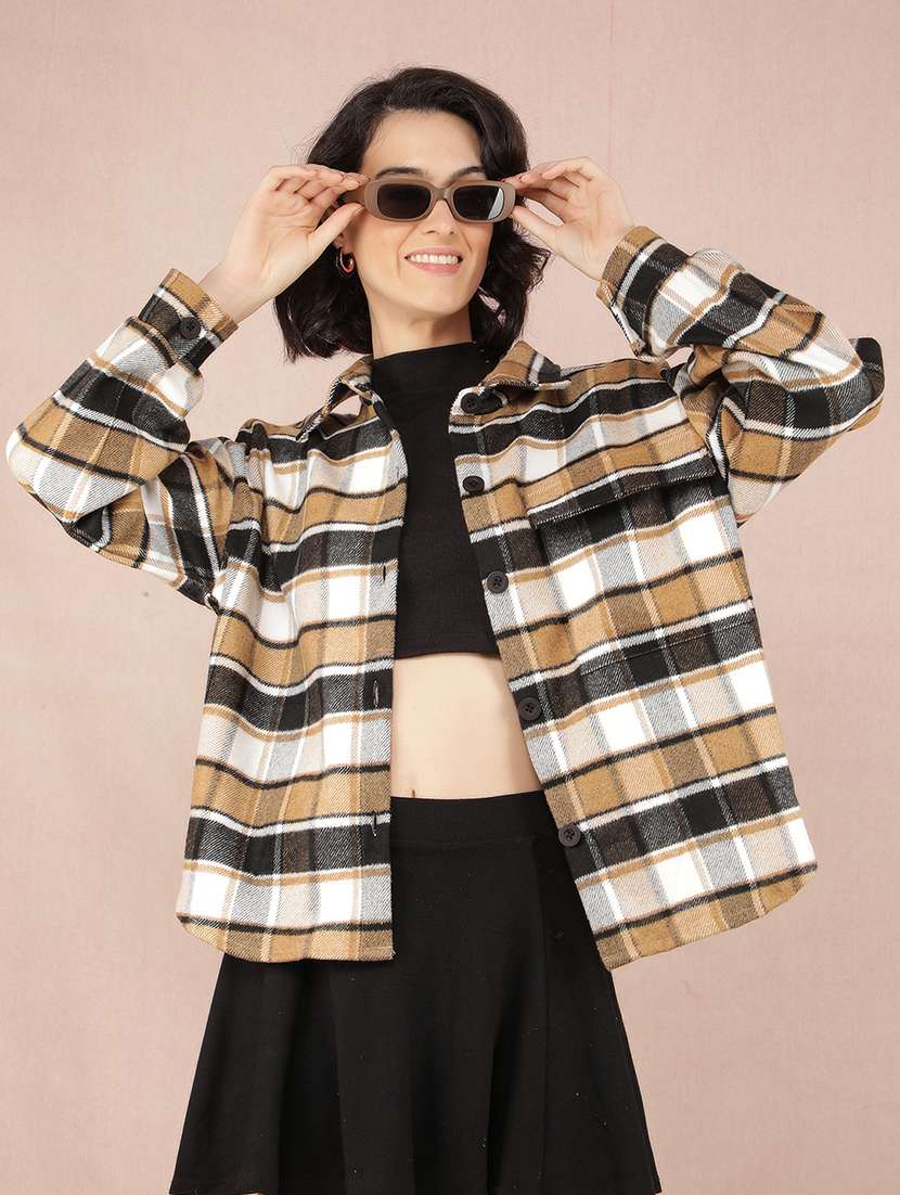 women checked printed collared shacket