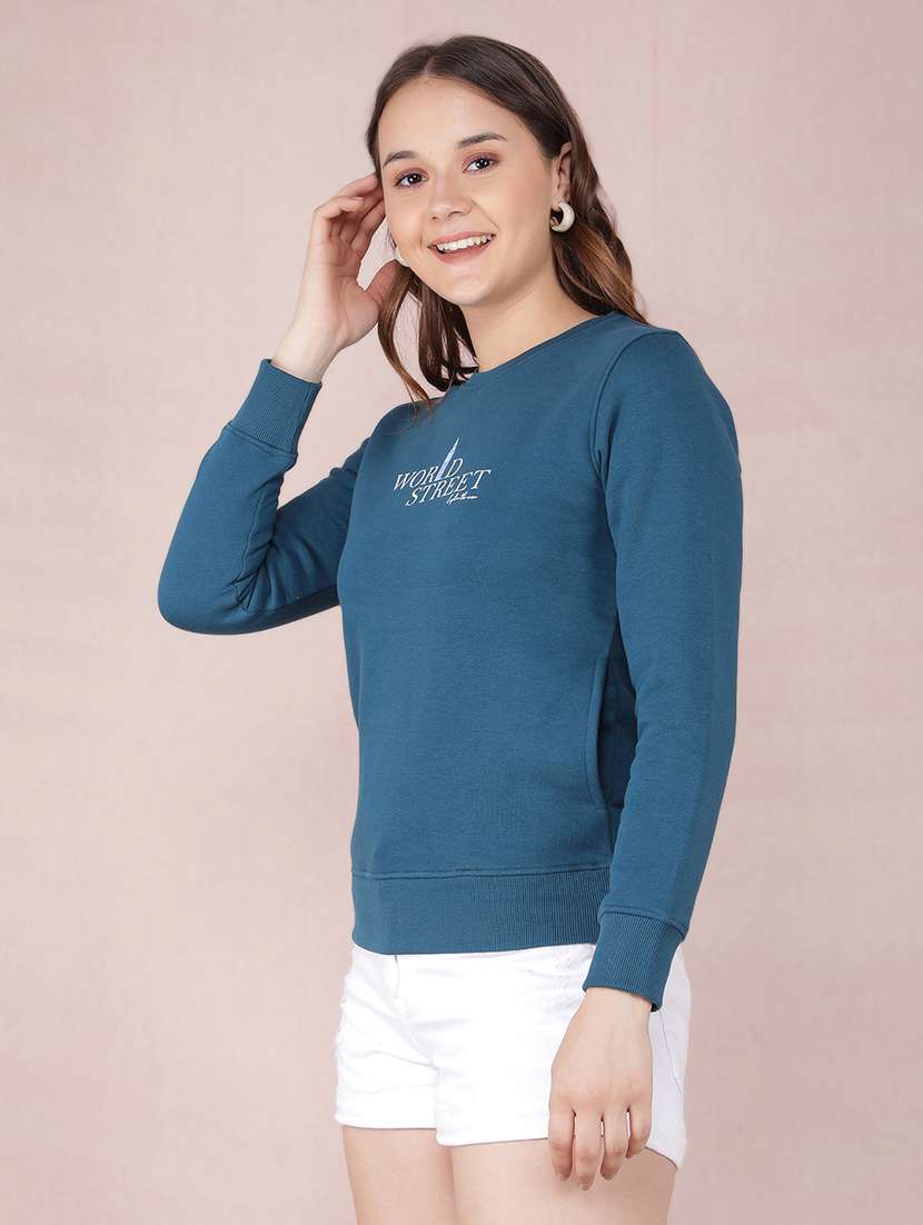 women blue cotton blend chest print sweatshirt