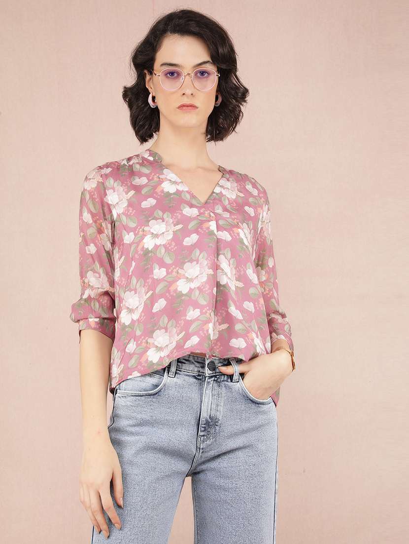 women floral printed v neck straight top