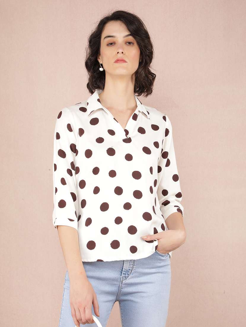 women polka dot printed collared straight top