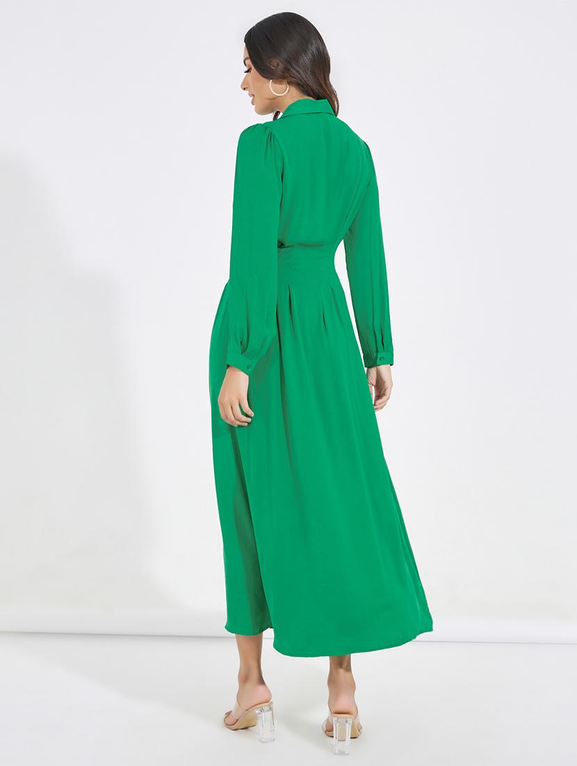 women solid collared puff sleeve a-line dress - 21518845 - Standard Image - 2