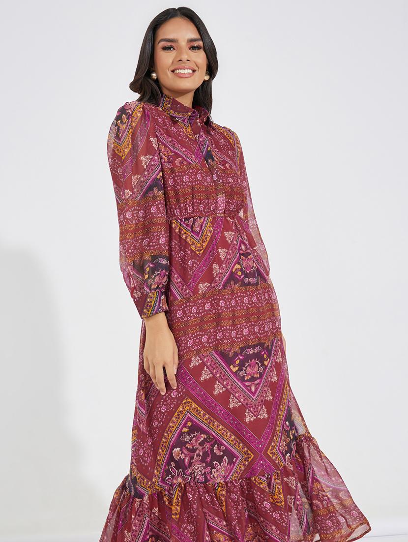 women printed puff sleeve tiered dress - 21518846 - Standard Image - 2