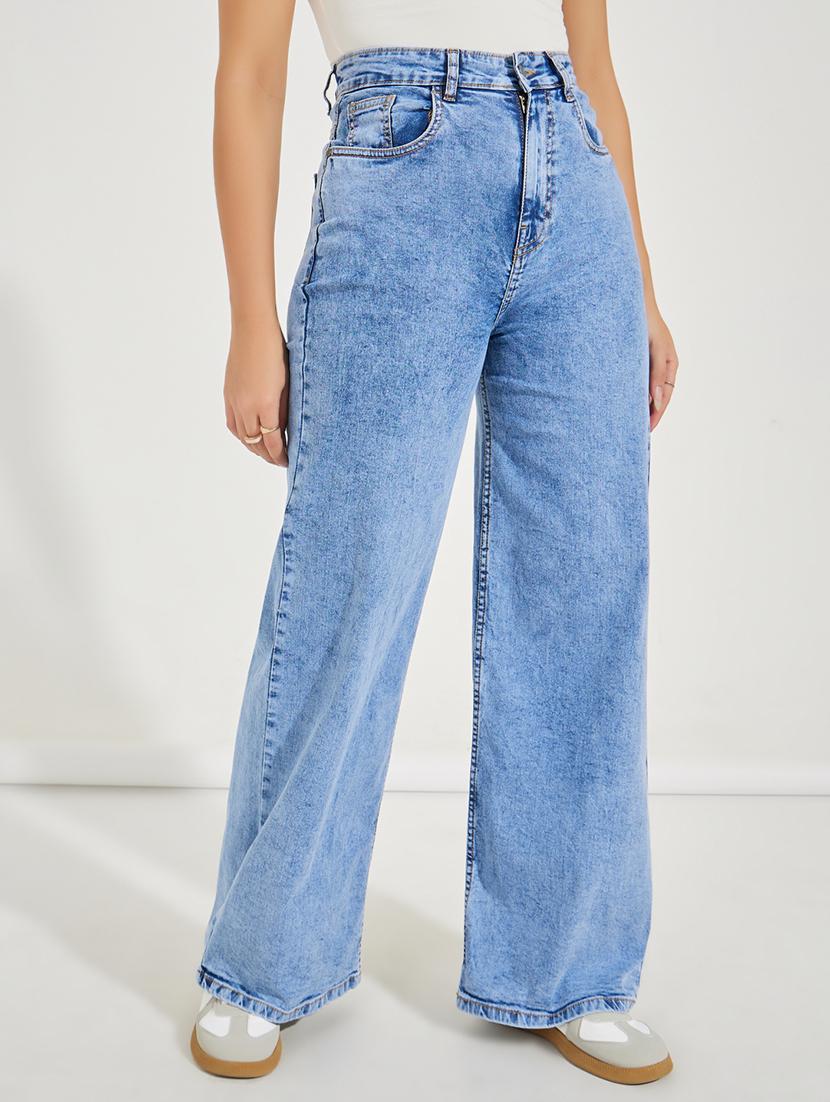 women light blue solid wide leg jean