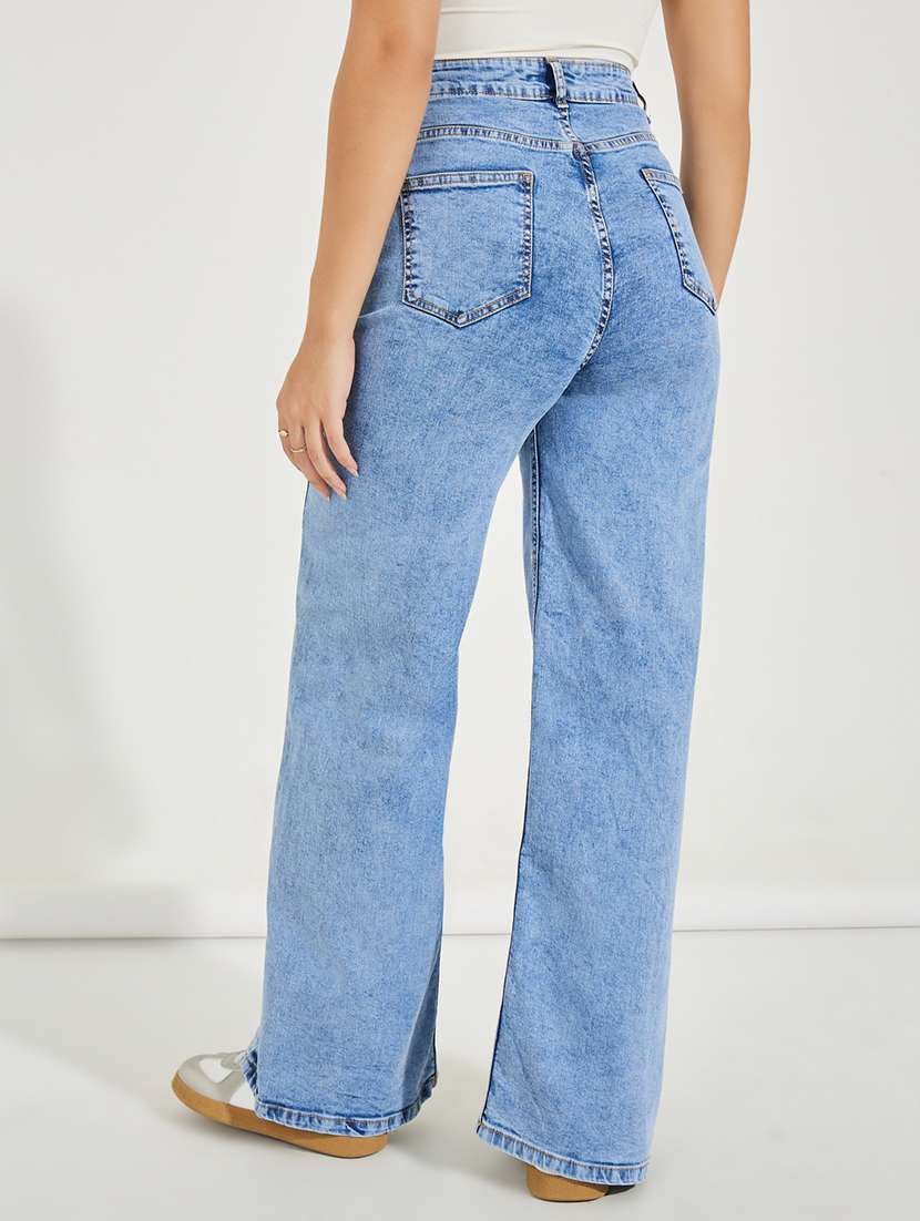 Women Light Blue Solid Wide Leg Jean