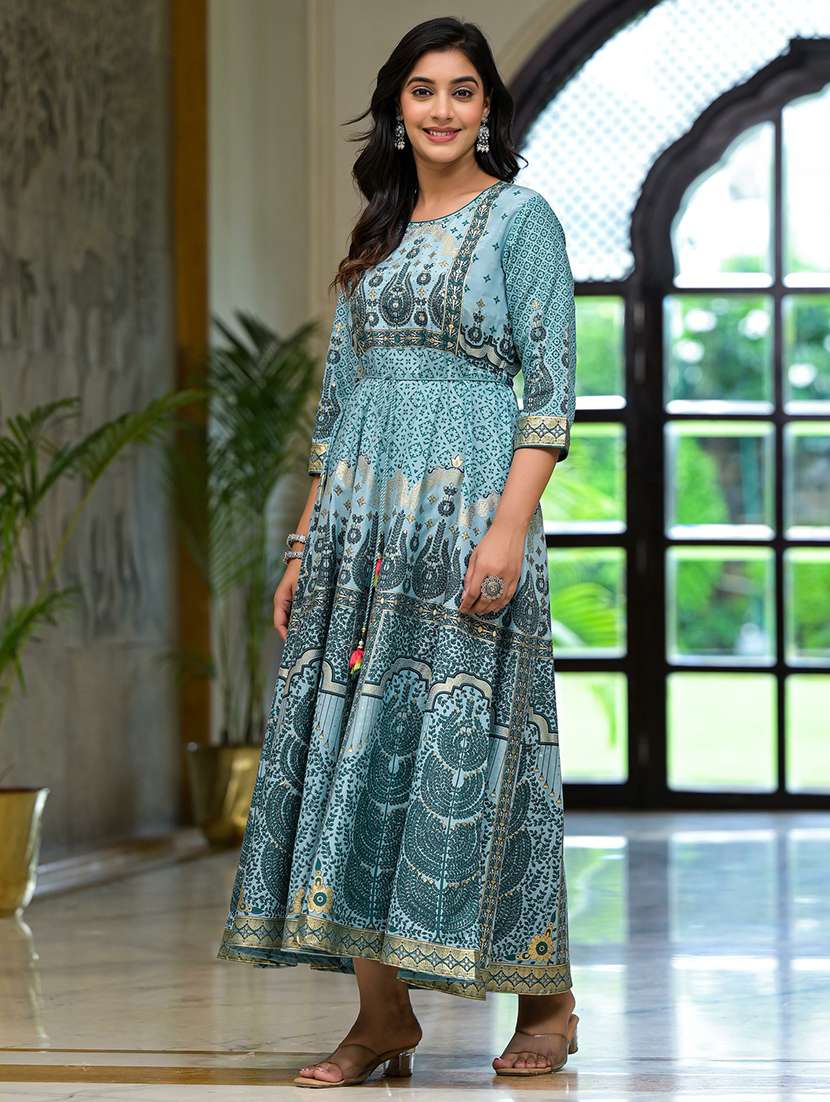 women light blue round neck flared dress - 21518959 -  Standard Image - 2