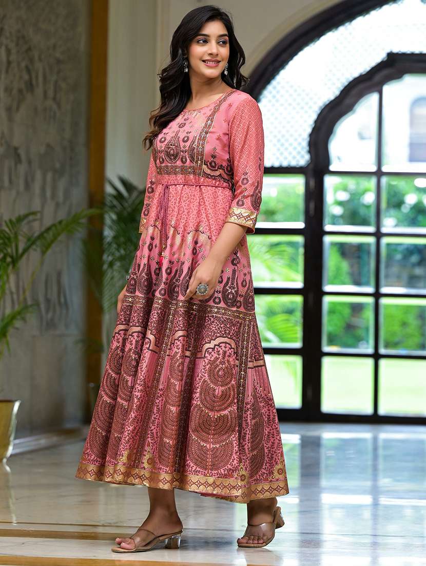 women peach round neck flared dress - 21518960 -  Standard Image - 2