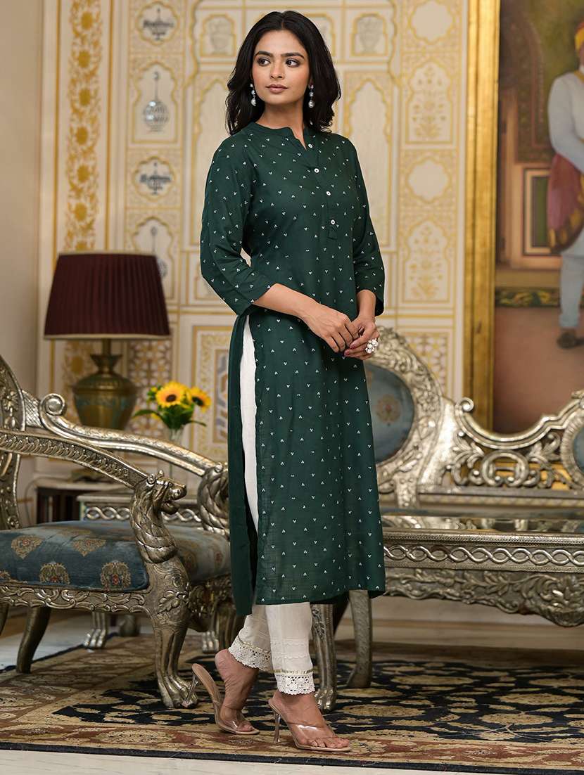women bottle green mandarin neck straight kurta - 21518963 -  Standard Image - 2