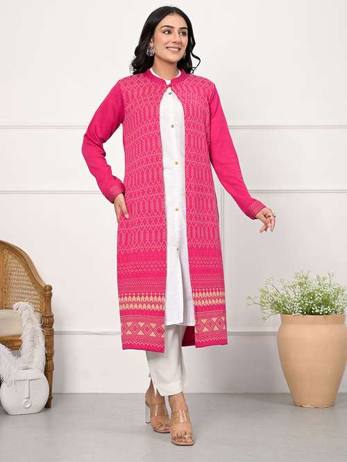 women pink self design long sleeve long cardigan - 21518969 -  Standard Image - 0