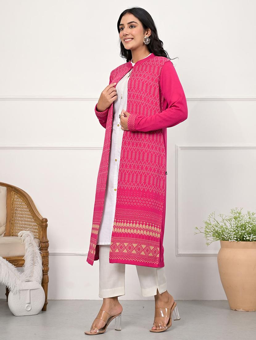 women pink self design long sleeve long cardigan - 21518969 - Standard Image - 2