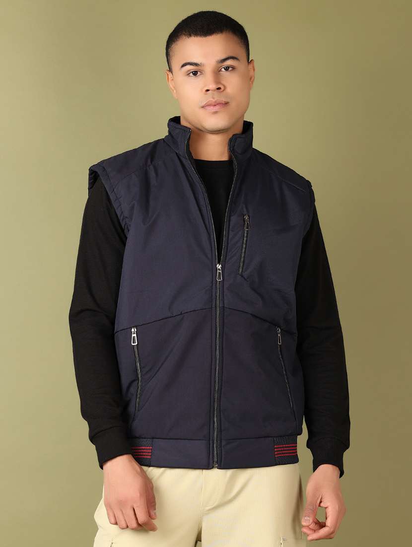 men navy blue solid bomber jacket