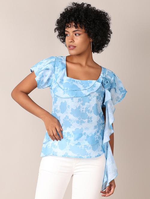 women printed short sleeves ruffled top - 21519394 -  Standard Image - 0