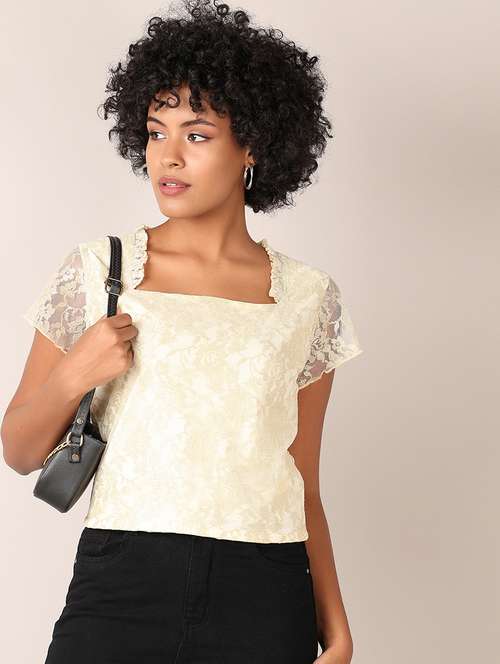 Women Self Designed Short Sleeves Crop Top