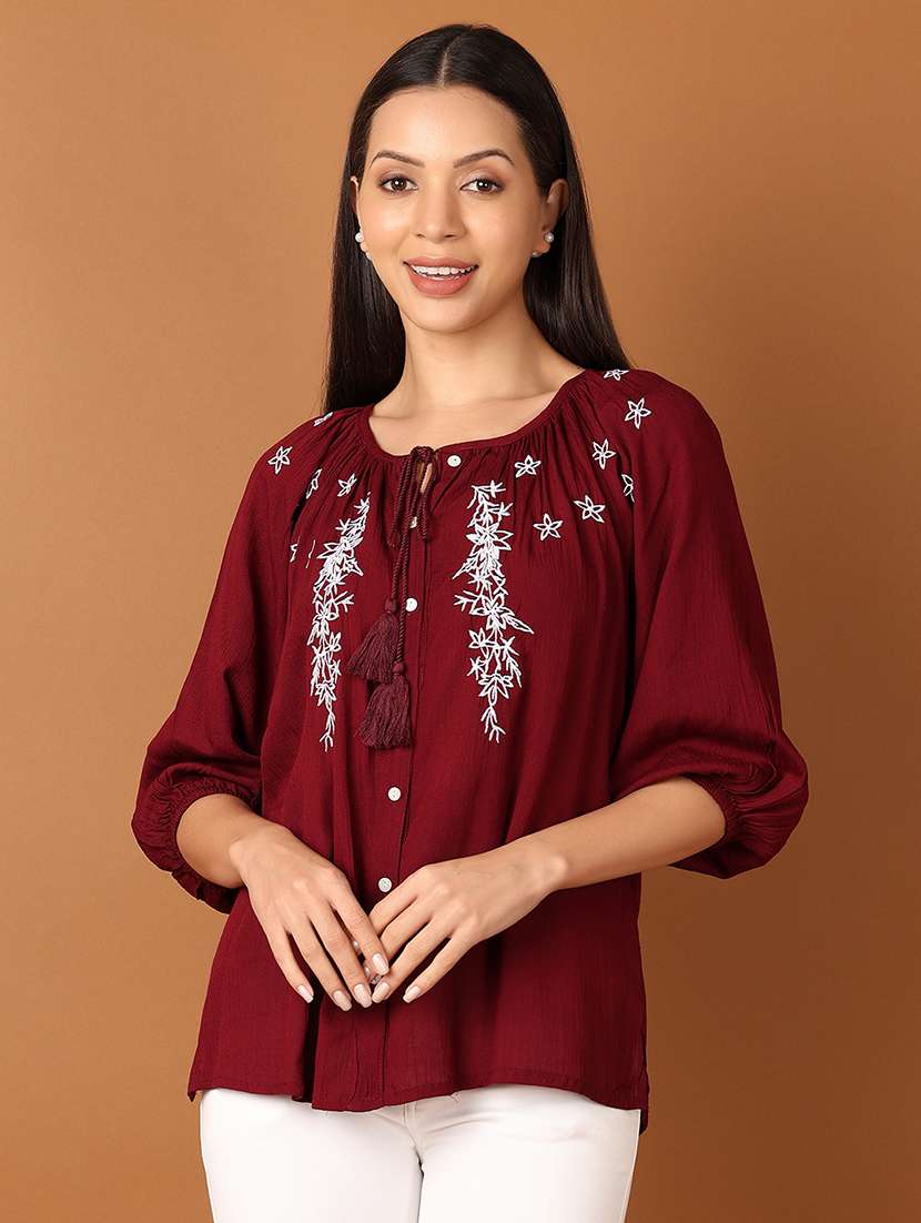 women maroon embroidered ethnic top 