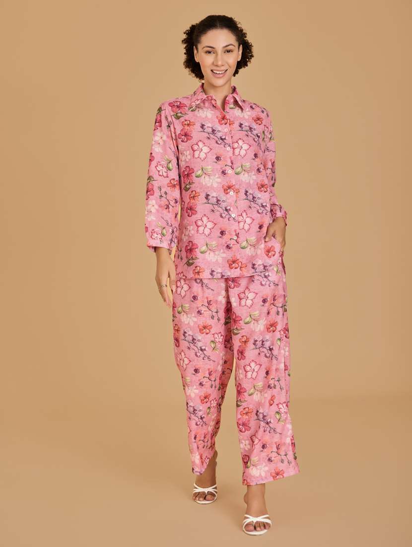 women pink shirt & trouser co-ord set