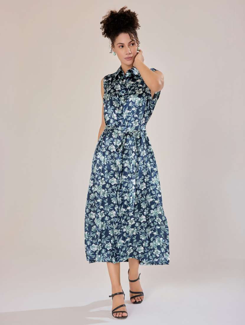 women blue satin a-line dress