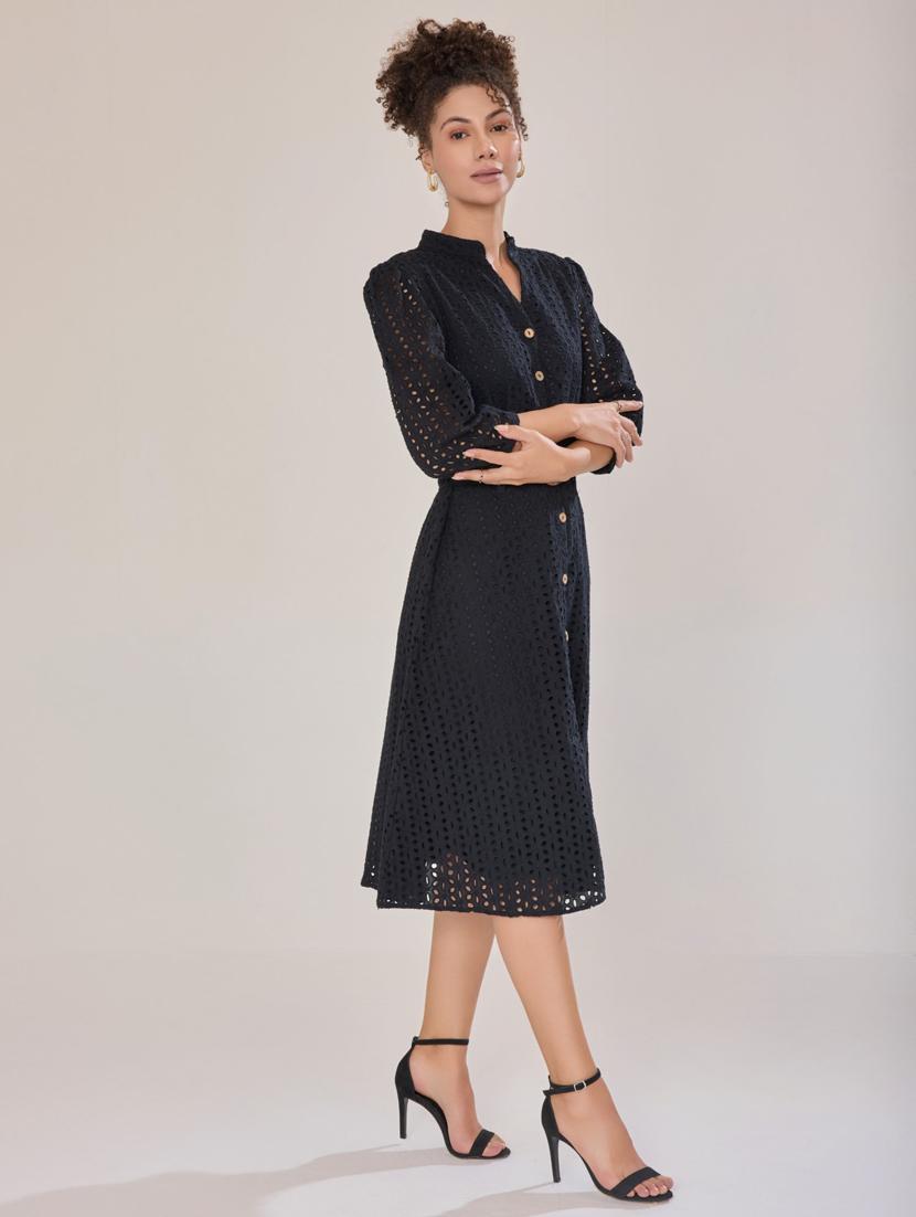 women black cotton blend a-line dress - 21520260 - Standard Image - 2