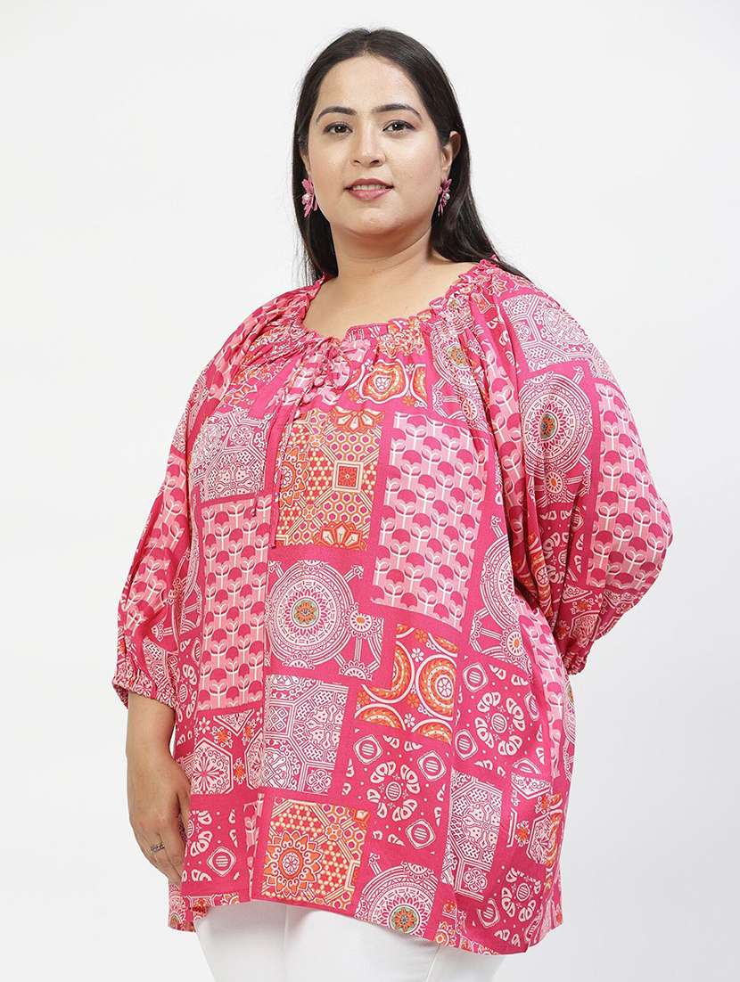 women printed tie up neck plus size top - 21520501 -  Standard Image - 2