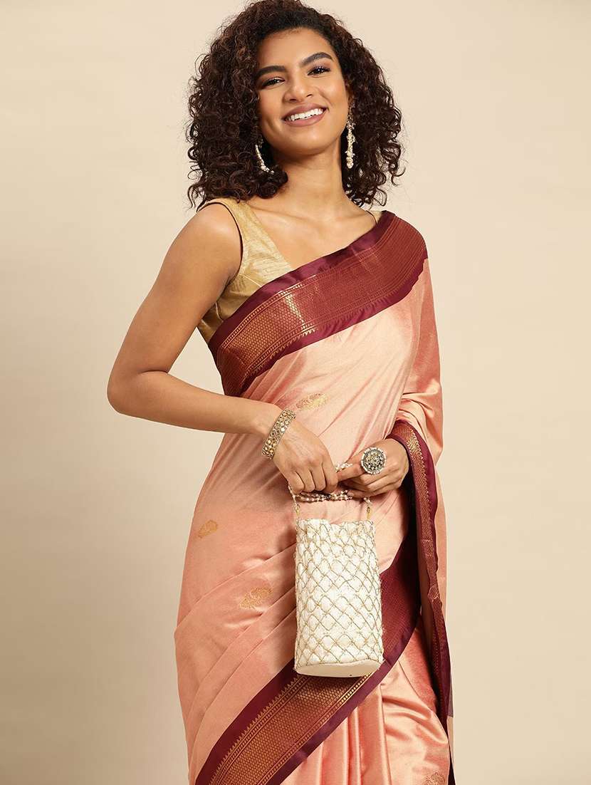women peach self design zari bordered saree - 21520630 -  Standard Image - 2
