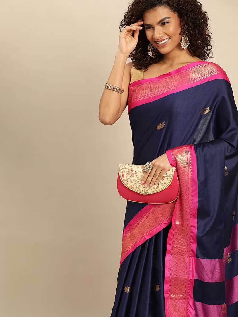 women navy blue self design zari bordered saree - 21520636 -  Standard Image - 2