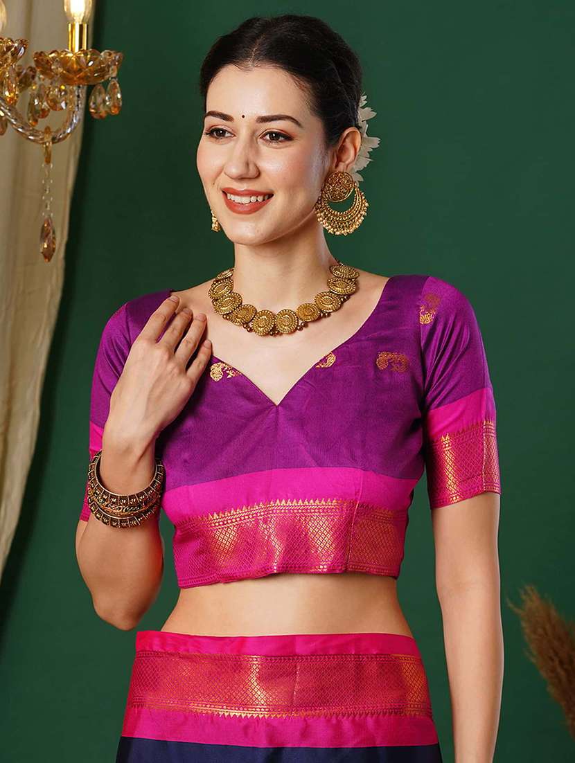 women navy blue self design zari bordered saree - 21520641 -  Standard Image - 2