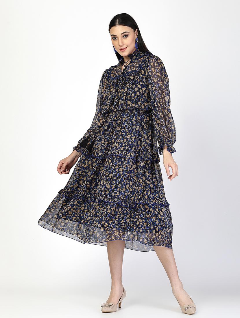 women printed tie neck fit & flare dress - 21520715 - Zoom Image - 0