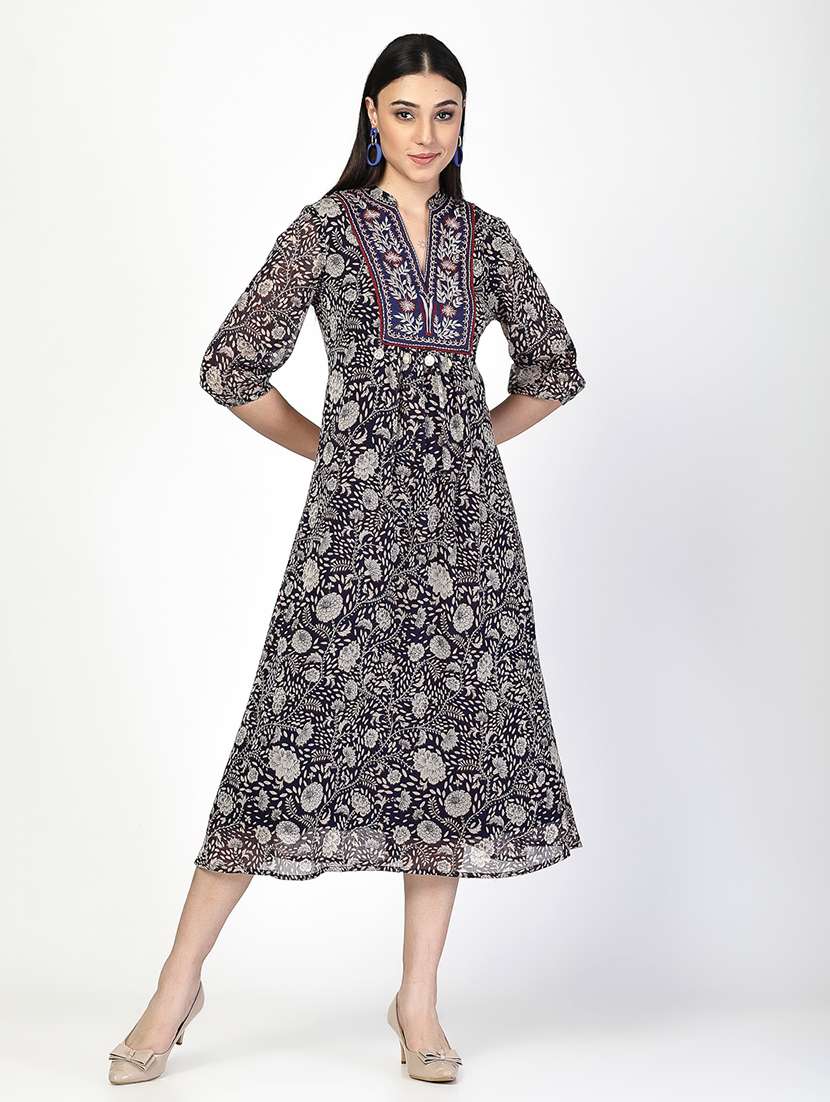 women navy blue florals a-line dress