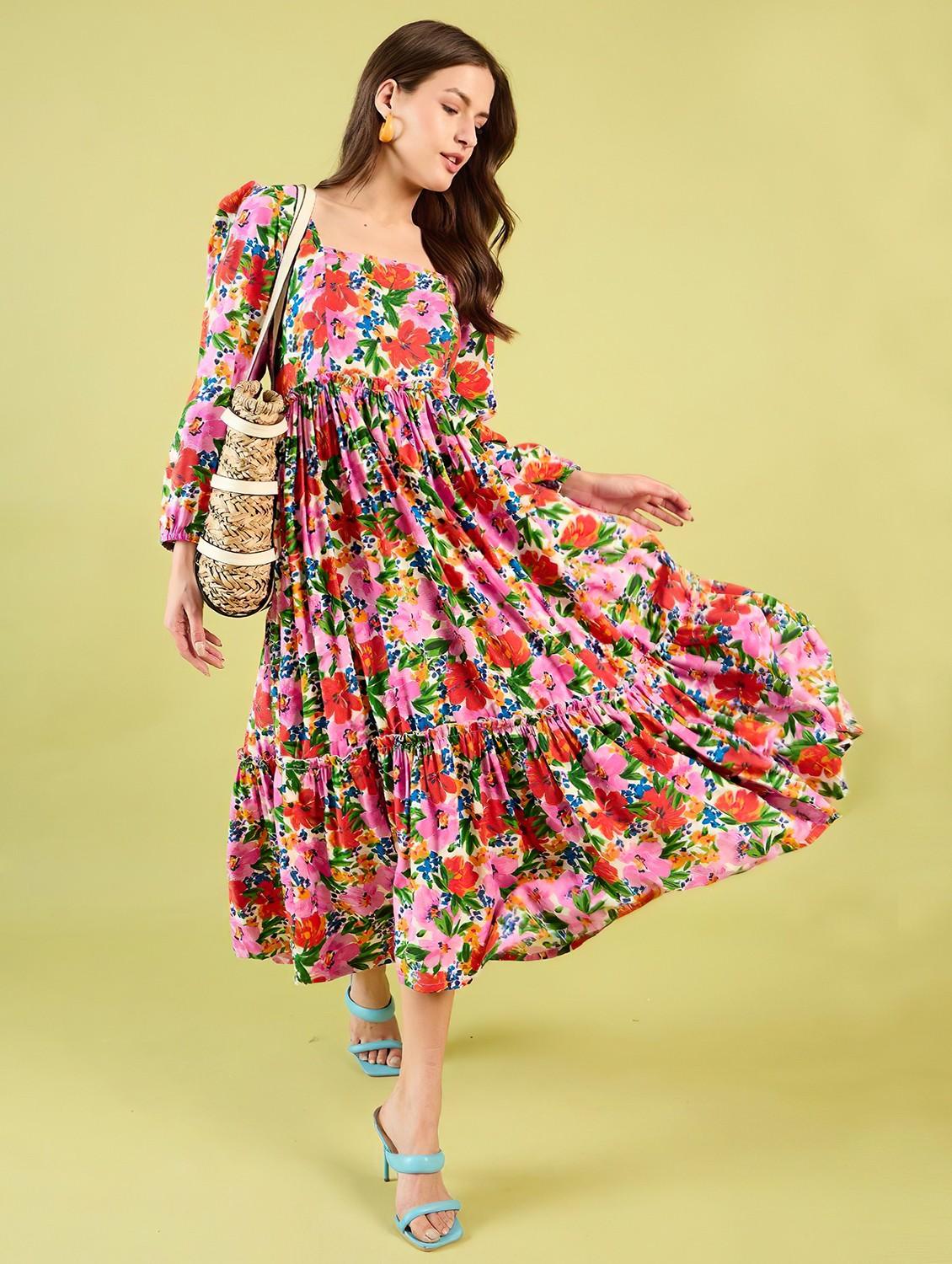 women floral printed square neck a-line dress - 21520731 - Standard Image - 2