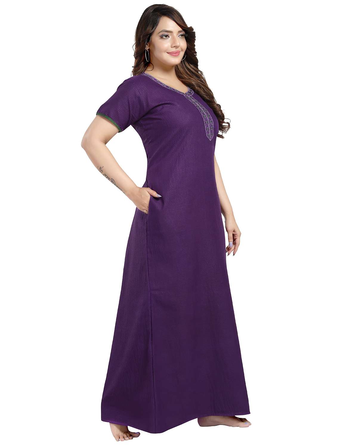 women purple cotton blend nighty - 21520947 - Standard Image - 2