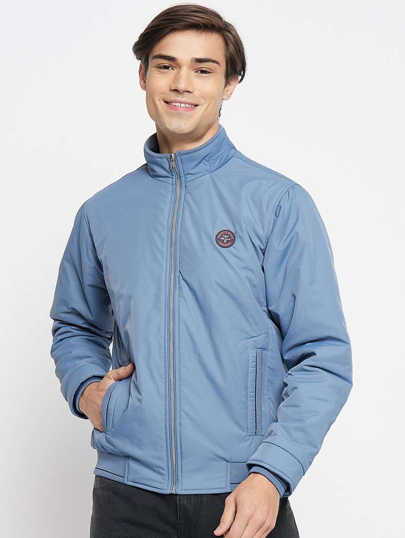 men blue polyester bomber jacket