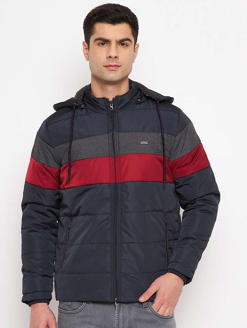 men navy blue long sleeve quilted jacket