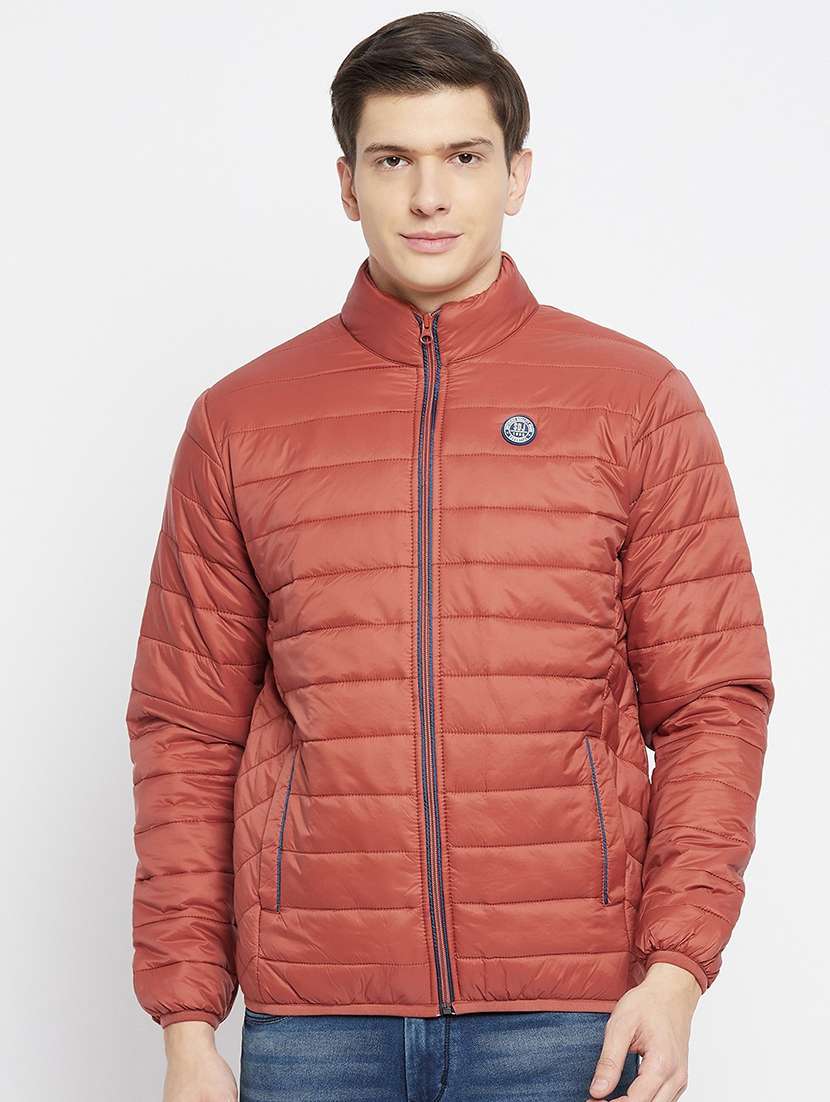 men rust solid long sleeve quilted jacket