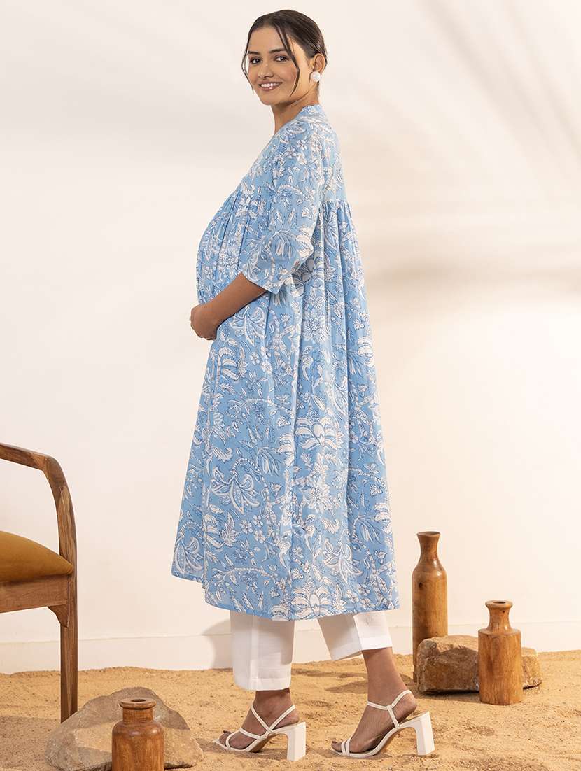 women light blue cotton maternity wear kurta - 21521096 -  Standard Image - 2