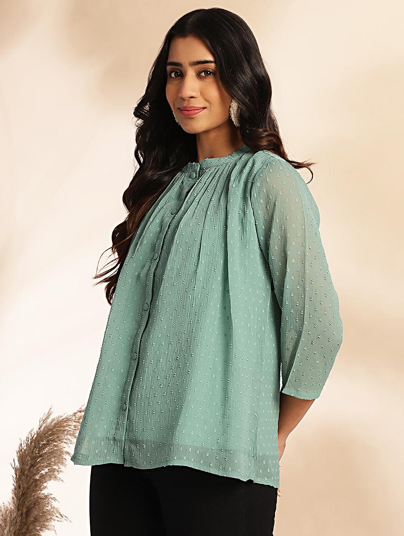 women sea green chiffon straight top - 21521099 - Standard Image - 2