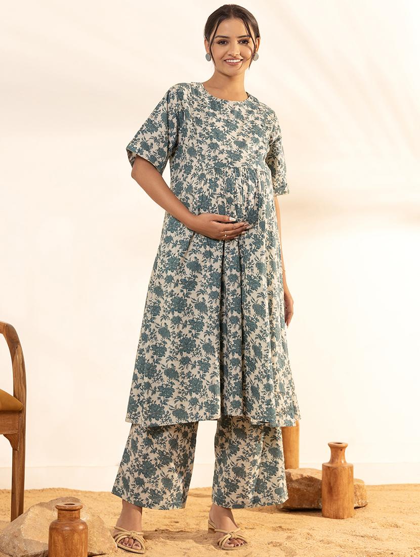women white floral printed short sleeve kurta pant set