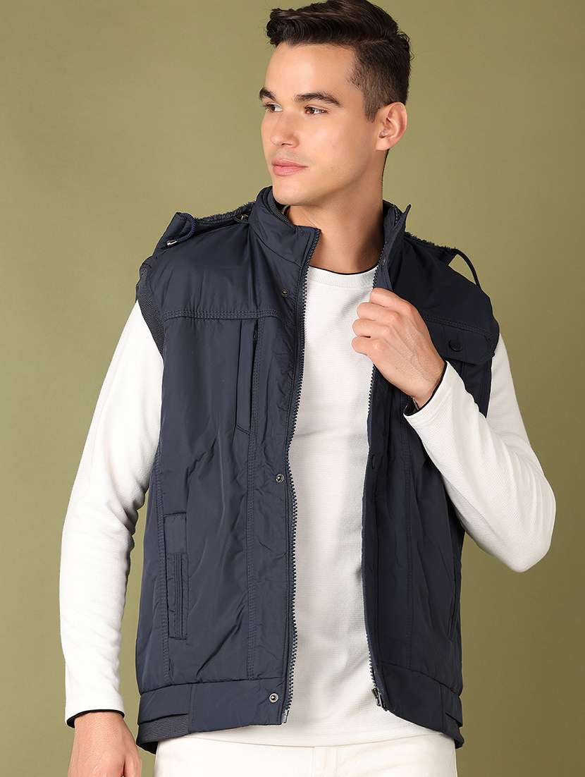 men navy blue solid sleeveless bomber jacket