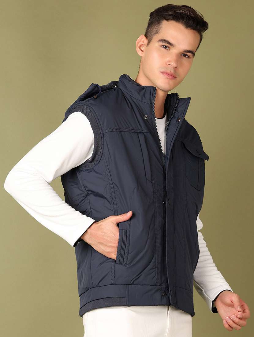 men navy blue solid sleeveless bomber jacket - 21521170 -  Standard Image - 2