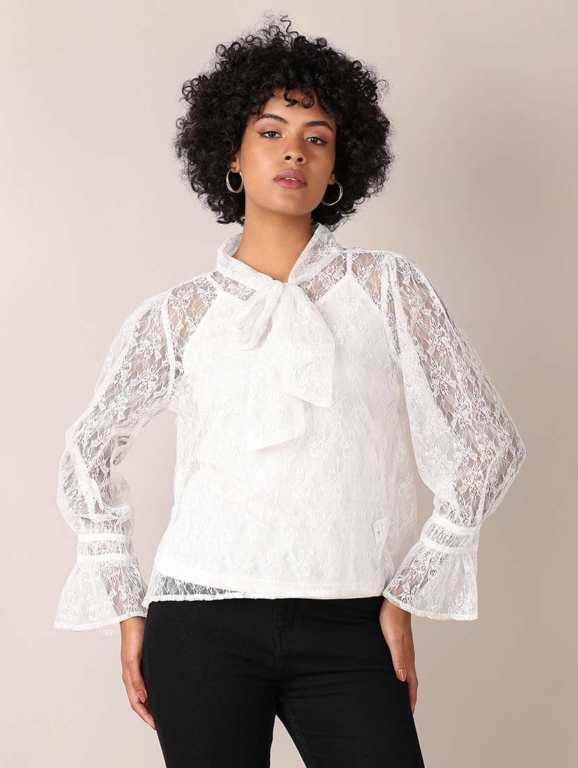 women lace detailed puff sleeves top