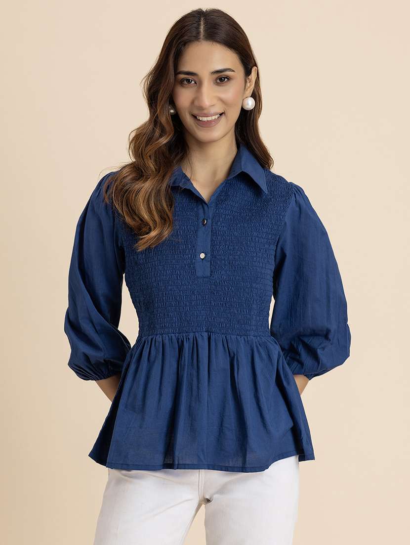 women solid bishop sleeves peplum top