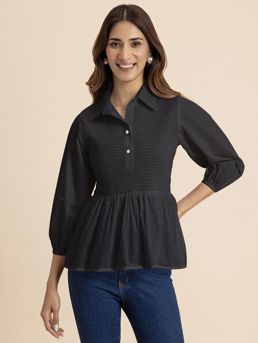 women solid bishop sleeves peplum top - 21521730 - Zoom Image - 0