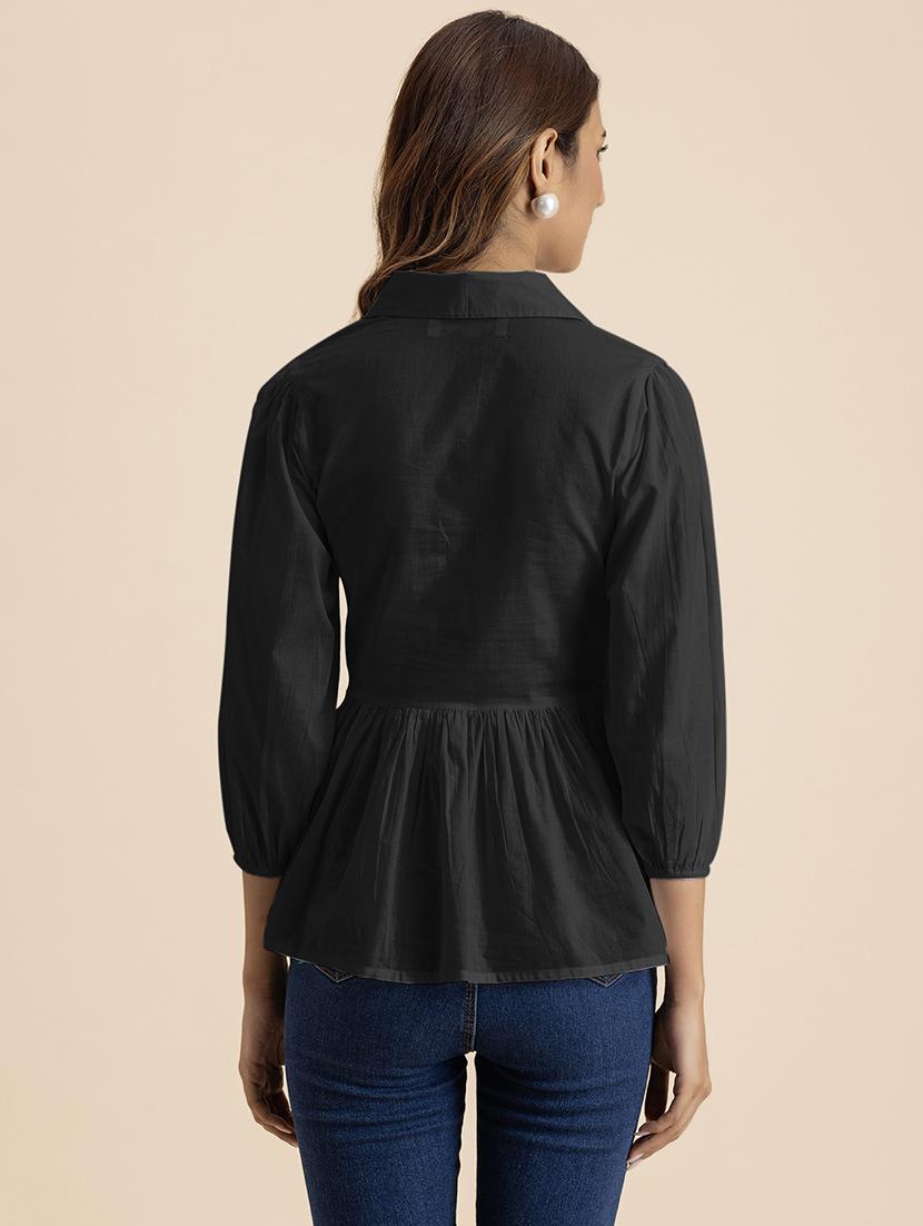 women solid bishop sleeves peplum top - 21521730 - Standard Image - 2