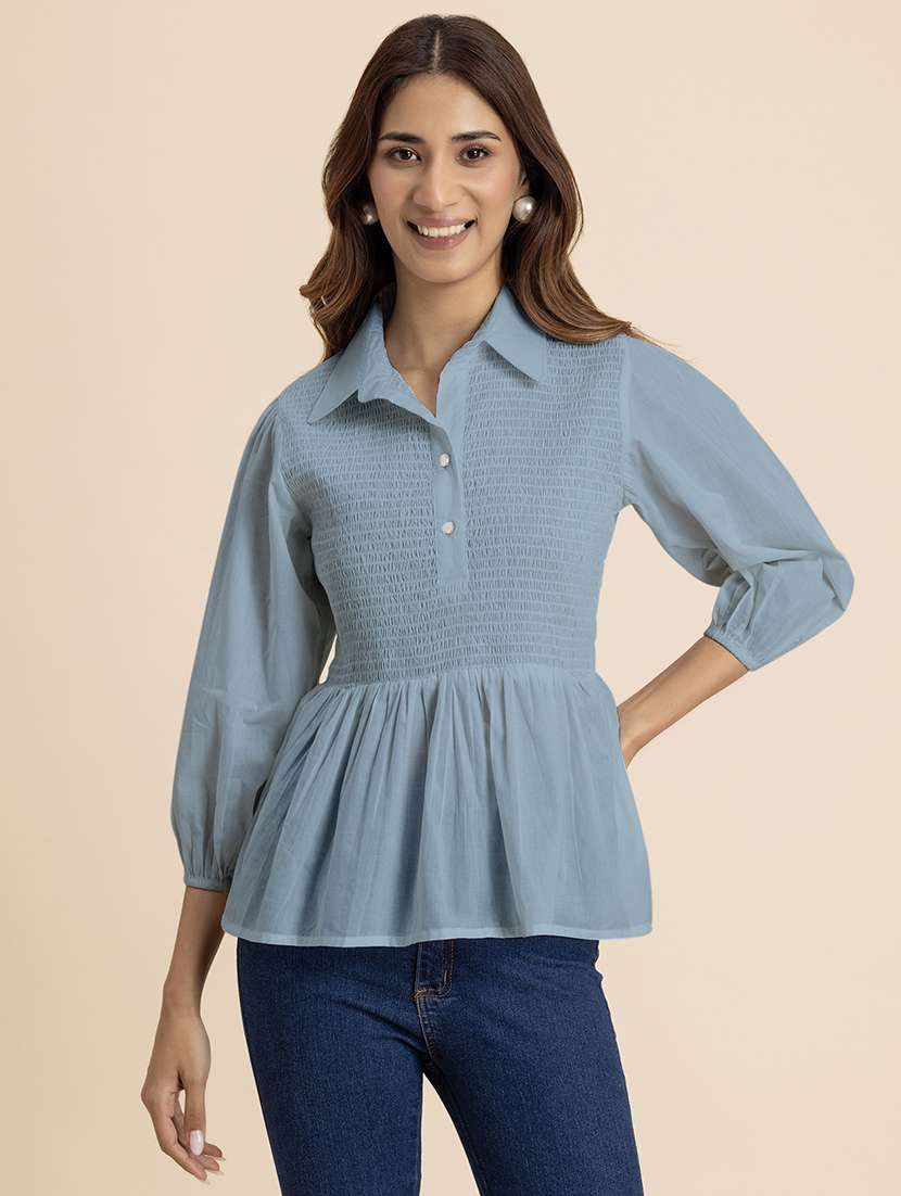 women sea green cotton peplum top