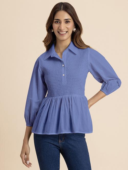 women blue cotton peplum top - 21521732 - Standard Image - 0
