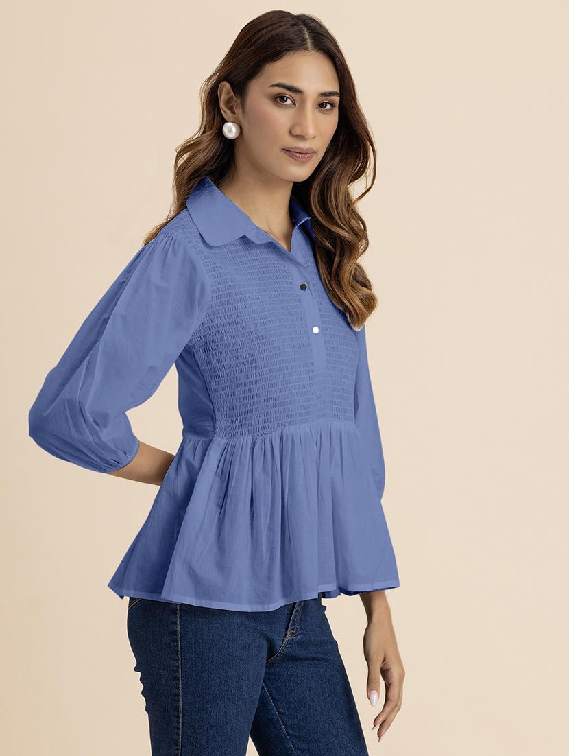 women blue cotton peplum top - 21521732 - Standard Image - 2