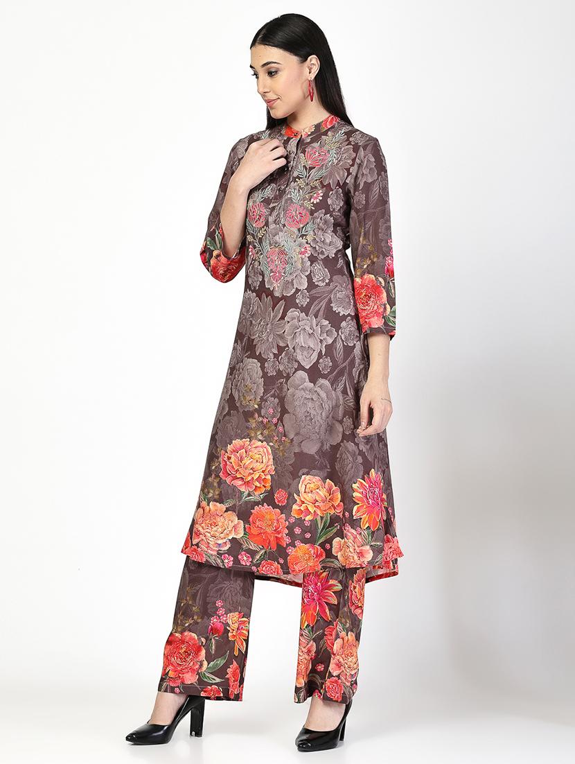 women brown floral kurta pant set - 21521938 - Standard Image - 2