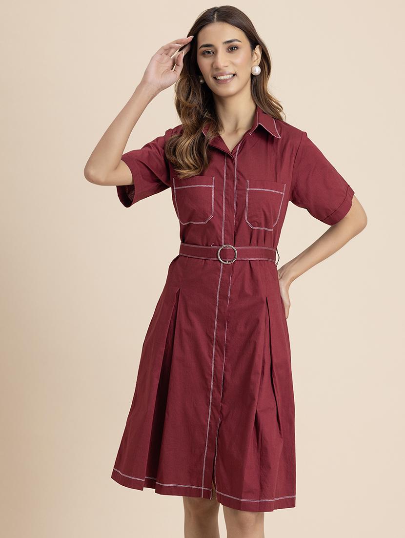 women solid collared shirt dress