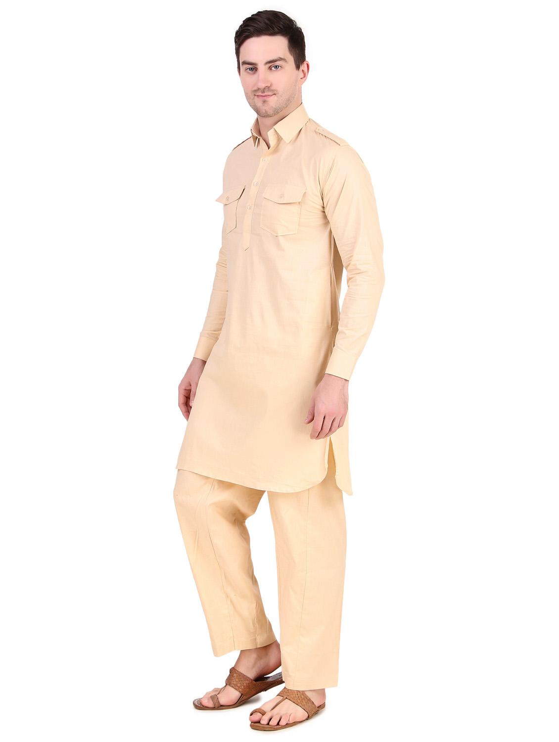 men beige cotton blend kurta & pyjama set - 21522018 - Standard Image - 2