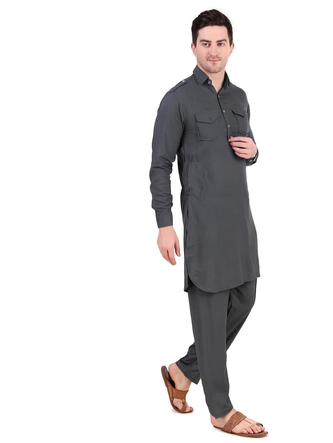 men long sleeve solid kurta churidar set - 21522020 - Standard Image - 2