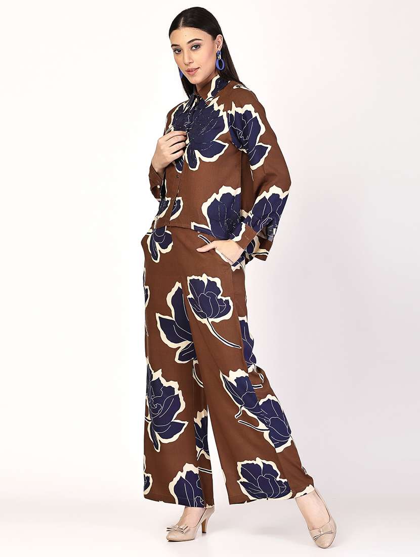 women brown rayon top and trouser co-ord set - 21522324 - Standard Image - 2